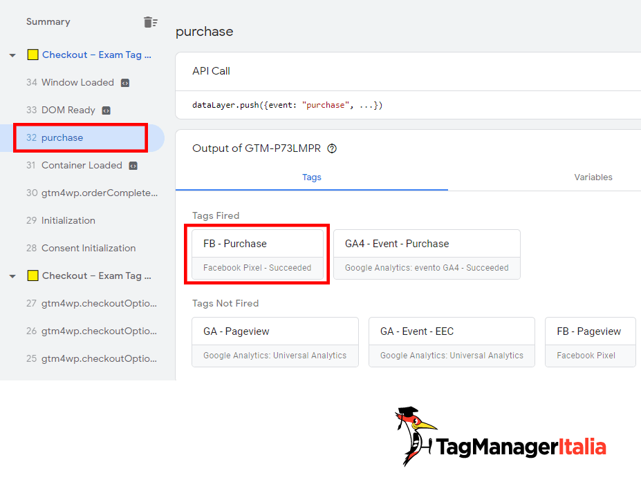 Tag evento Purchase Facebook fired GTM debug