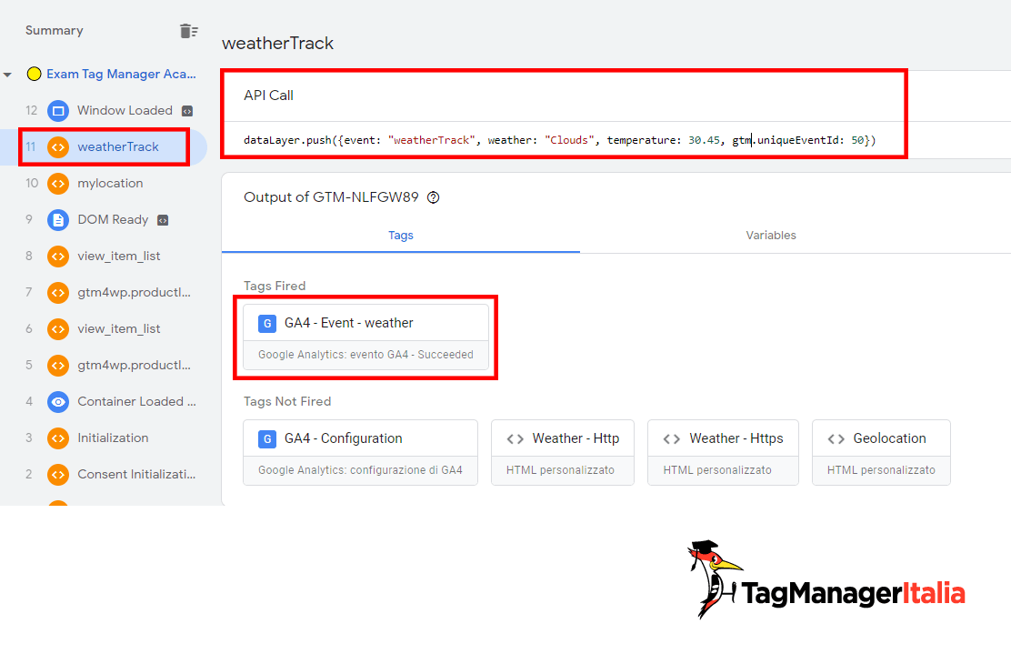 Tag evento weather GA4 Google Tag Manager fired