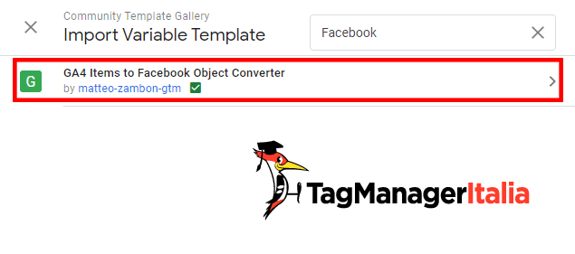 Variabile GA4 Items to Facebook Object Converter dalla Gallery dei Template GTM