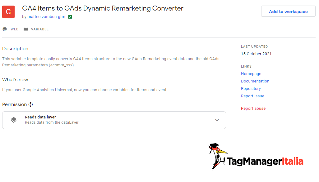 Importa la variabile GA4 Items to GAds Dynamic Remarketing Converter dalla gallery di GTM