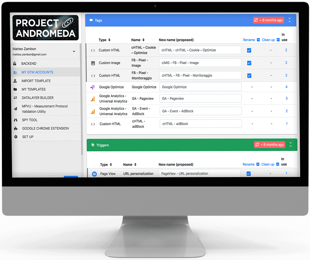 Dashboard del tool di tracking Project Andromeda, sviluppato da Matteo Zambon dal team di Tag Manager Italia