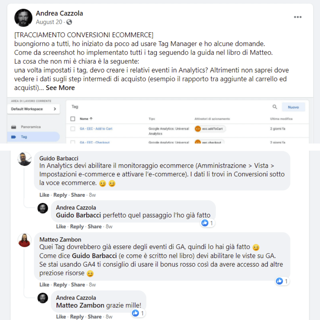 testimonianza Andrea Cazzola sull'attività di mentoring tecnica sul gruppo Facebook Tag Manager Italia