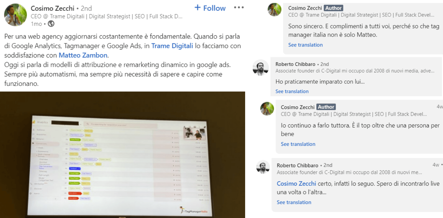 testimonianza Cosimo Zecchi corso google ads remarketing dinamico e conversioni avanzate: fondamentale aggiornarsi costantemente, e formarsi con Matteo Zambon è una soddisfazione