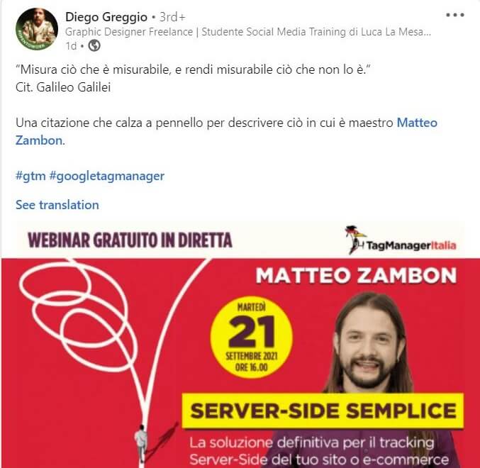 testimonianza Diego Greggio webinar Server Side Semplice: Matteo è un maestro nel rendere misurabile ciò che non lo è