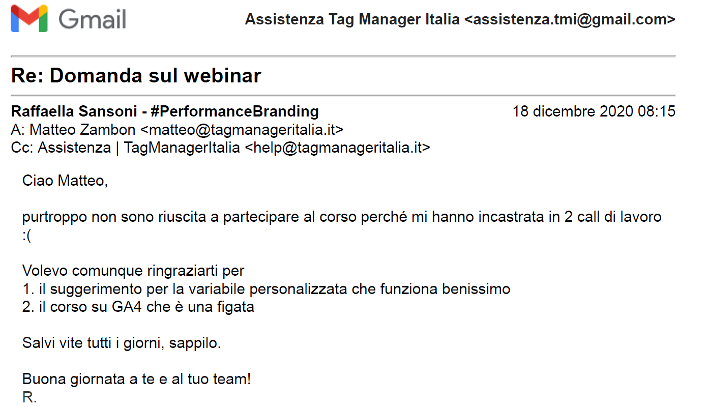 testimonianza Raffaella Sansoni corso Google Analytics 4: il corso GA4 è una figata. Matteo salva vite tutti i giorni