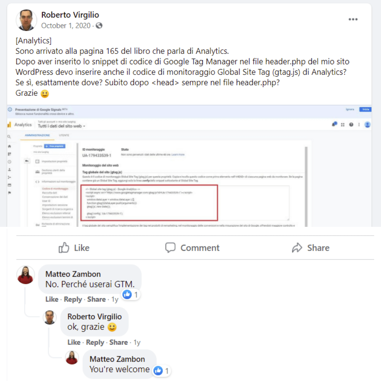 testimonianza Roberto Virgilio sull'attività di mentoring tecnica sul gruppo Facebook Tag Manager Italia