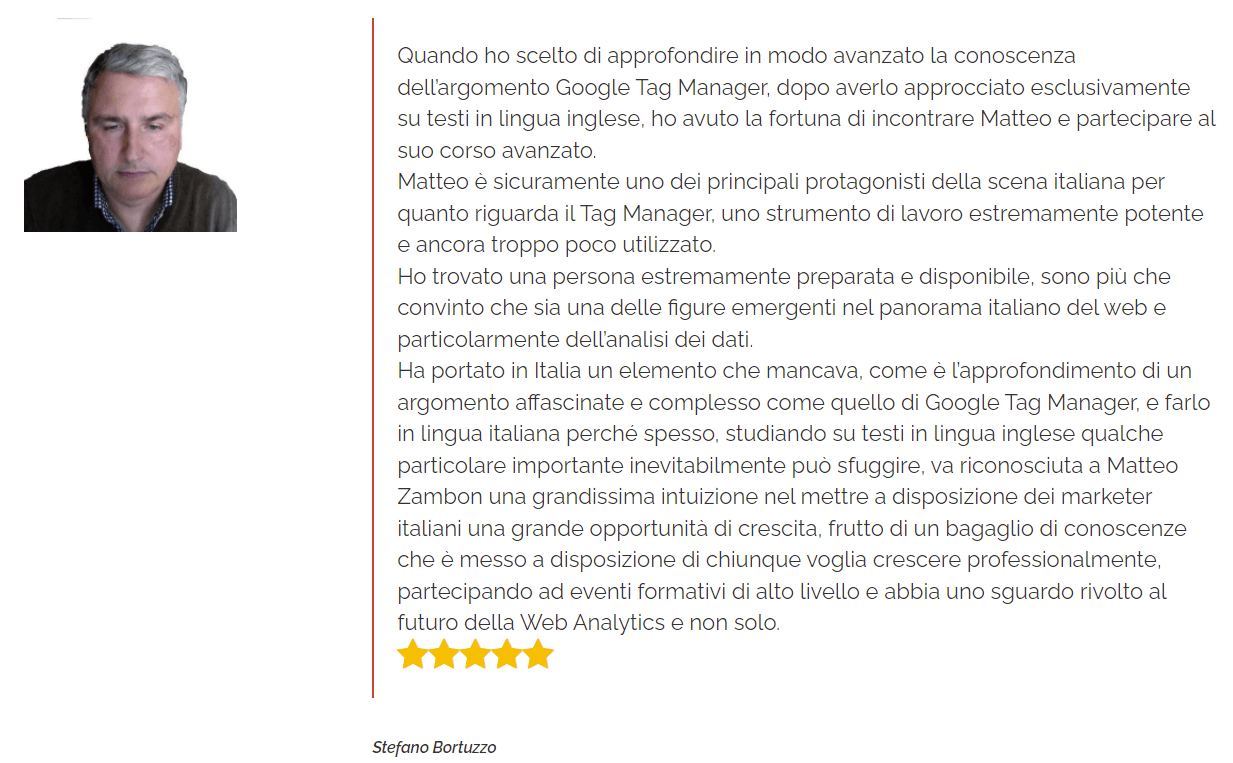 testimonianza Stefano Bortuzzo corso Google Tag Manager Al Comando: per fortuna ho incontrato Matteo e il suo corso