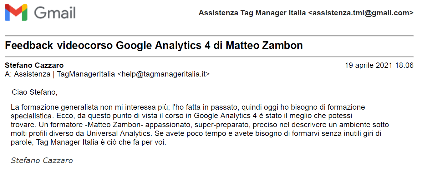 testimonianza Stefano Cazzaro corso Google Analytics 4: questo corso è stato il meglio che potessi trovare