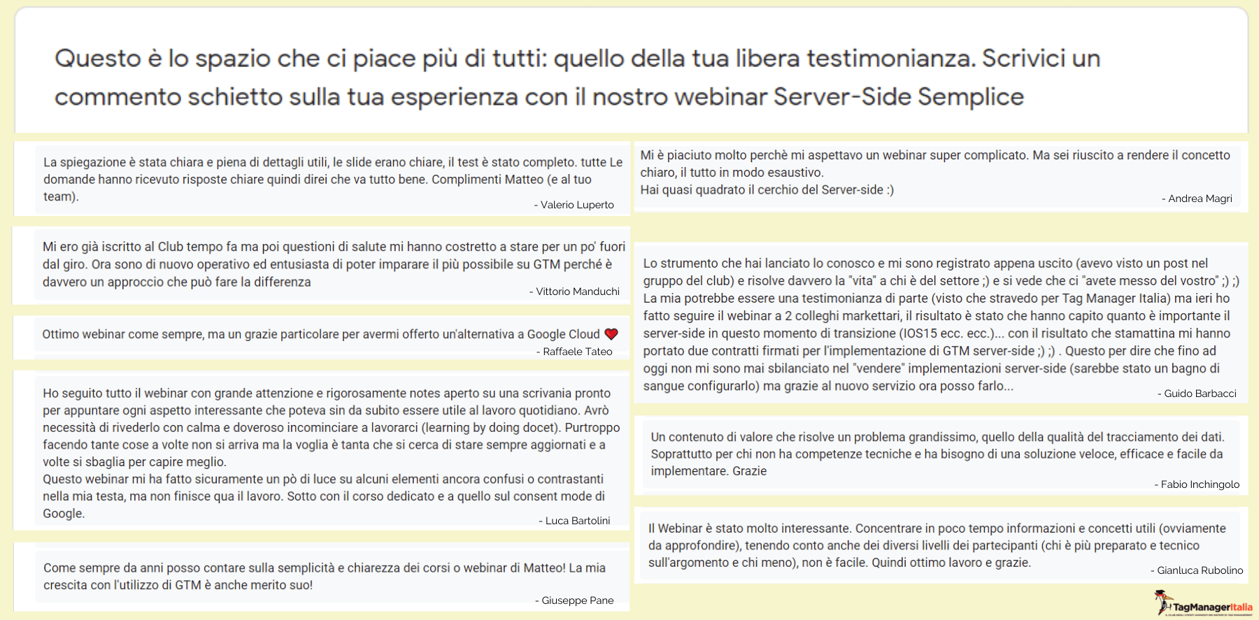 testimonianze partecipanti webinar Server Side Semplice