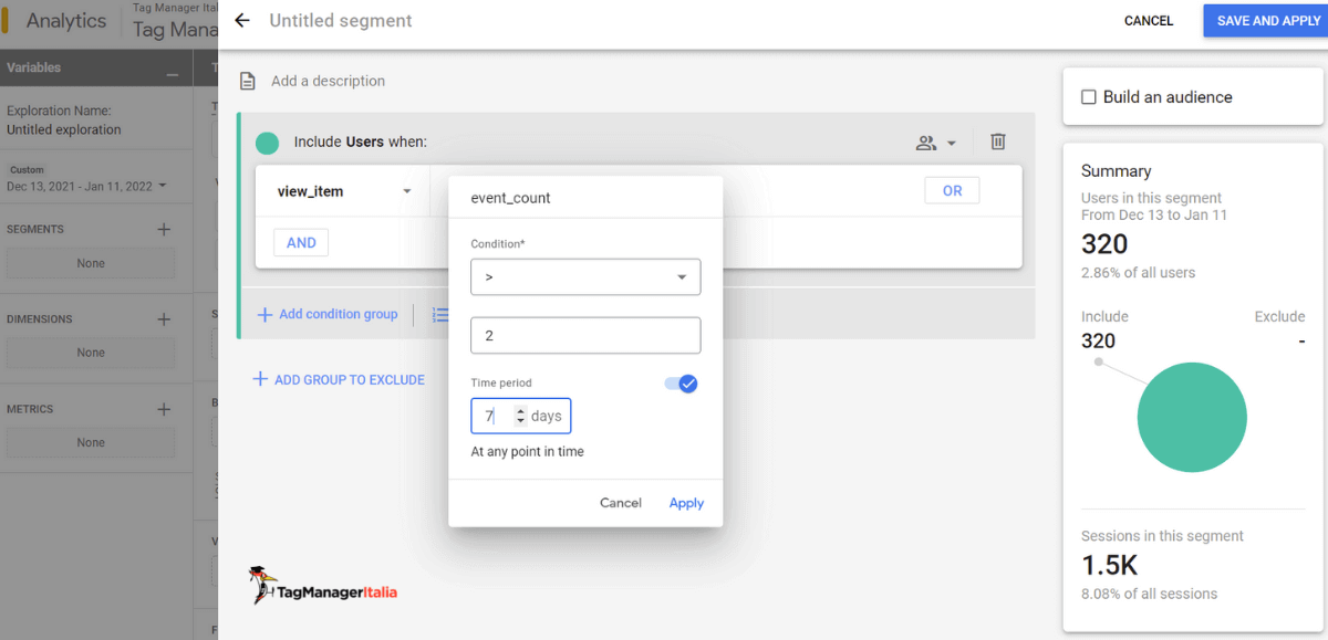 configurare condizione Time Period segmento pubblico personalizzato google analytics 4