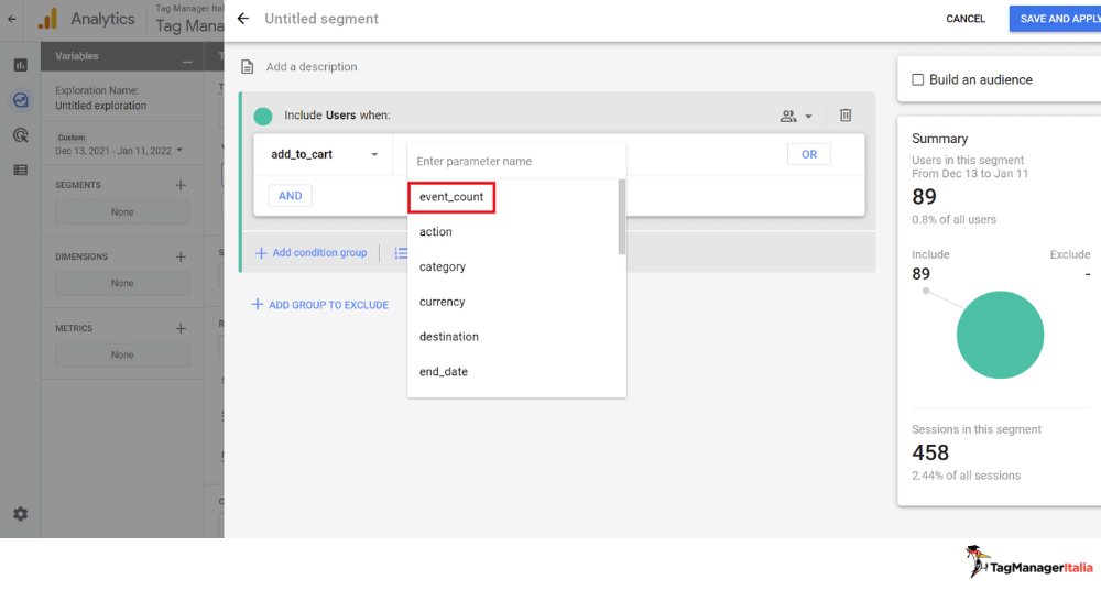 impostazione parametro event_count segmento pubblico personalizzato google analytics 4