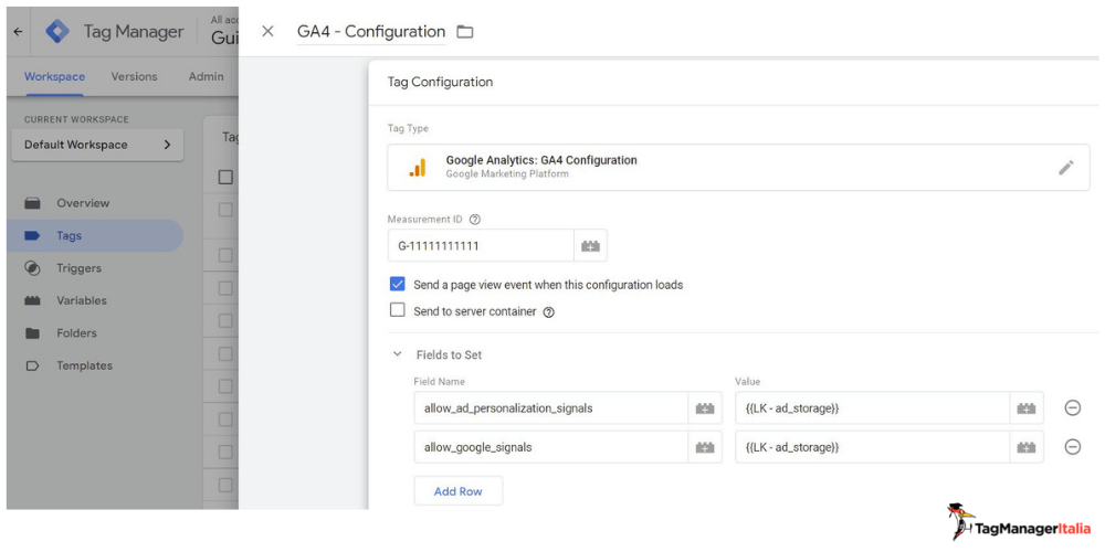 Campi tag configurazione GA4 gestione attivazione Google Signals consensi cookie