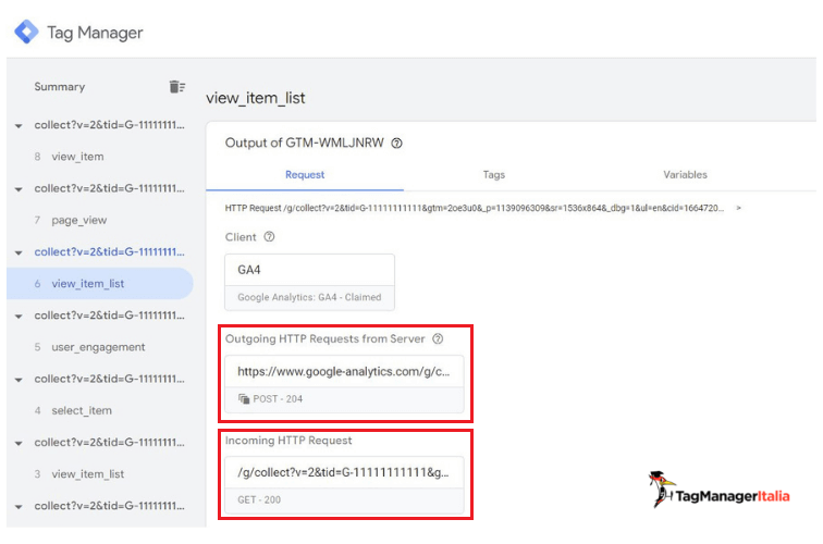 Debug GTM Server-Side tracciamento E-commerce GA4 - richiesta outgoing request