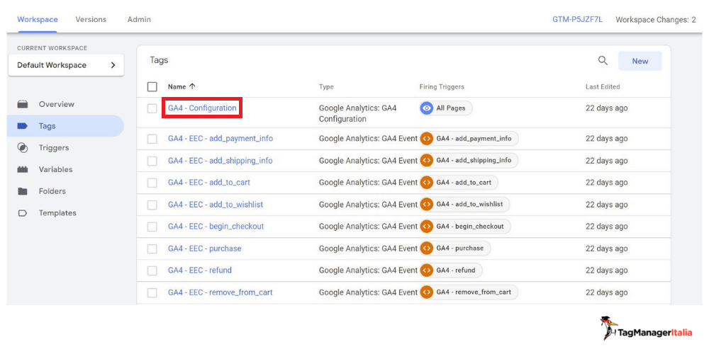 Selezione tag di configurazione Google Analytics 4 su Google Tag Manager