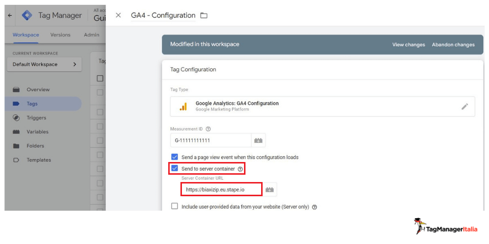 Tag configurazione GA4 Server-Side e URL contenitore Server-Side