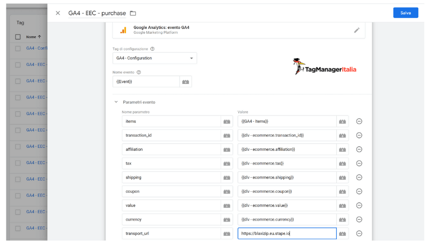 Tag tracciamento GTM Server-Side acquisto e-commerce in GA4