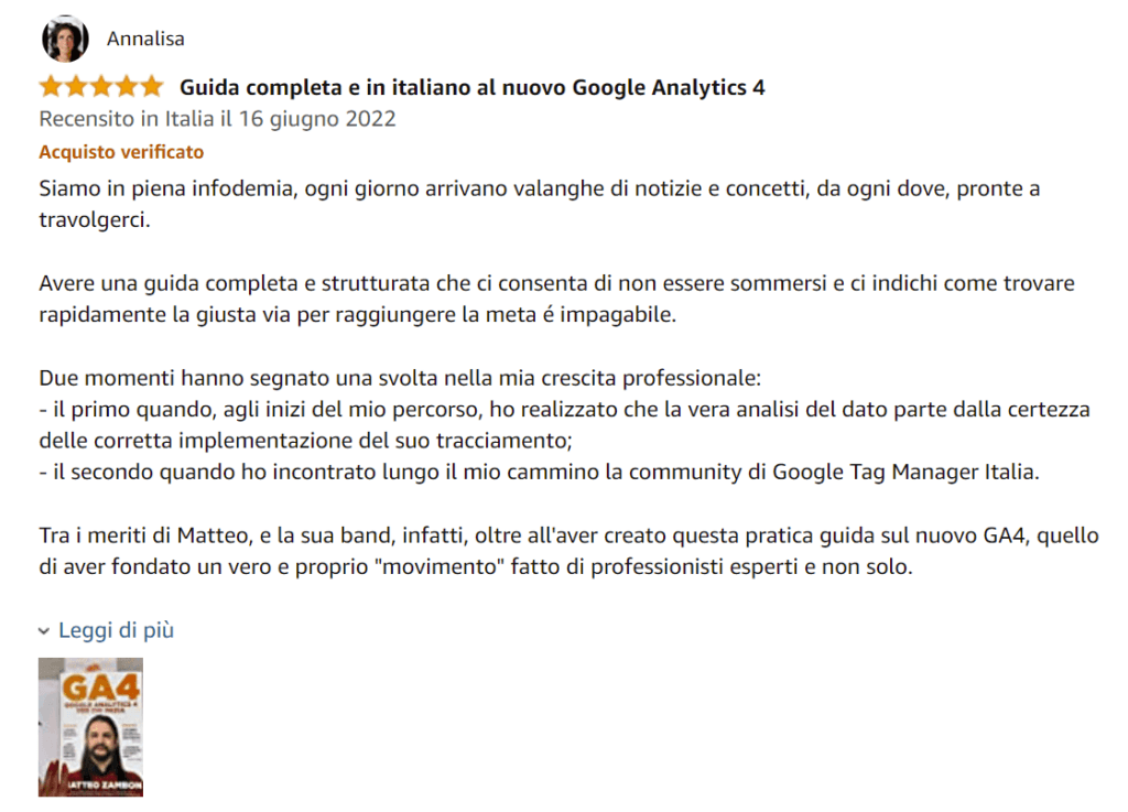 Annalisa recensione libro Google Analytics 4 per chi inizia Amazon Matteo Zambon Tag Manager Italia