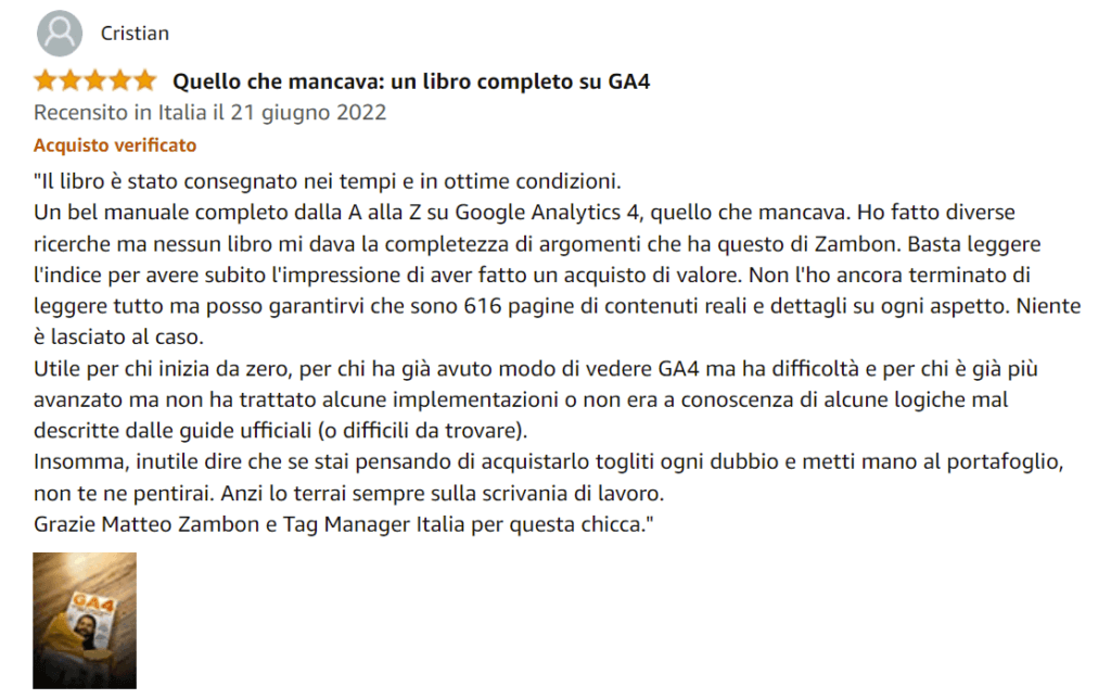 Cristian-recensione-libro-Google-Analytics-4-per-chi-inizia-Amazon-Matteo-Zambon-Tag-Manager-Italia