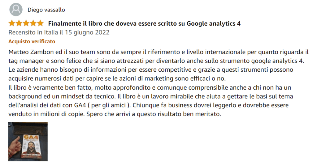 Diego recensione libro Google Analytics 4 per chi inizia Amazon Matteo Zambon Tag Manager Italia