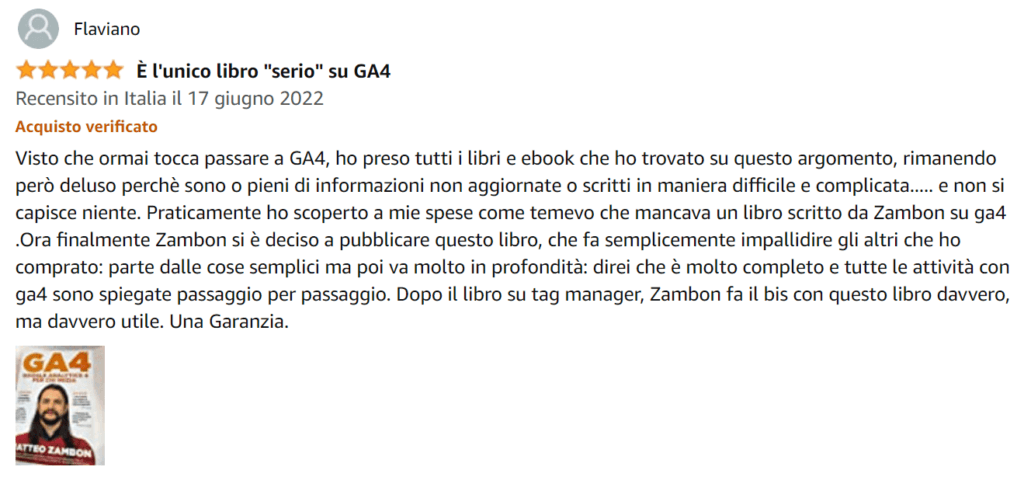Flaviano-recensione-libro-Google-Analytics-4-per-chi-inizia-Amazon-Matteo-Zambon-e-Tag-Manager-Italia
