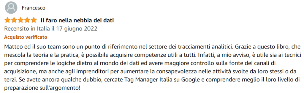 Francesco-recensione-libro-Google-Analytics-4-per-chi-inizia-Amazon-Matteo-Zambon-e-Tag-Manager-Italia