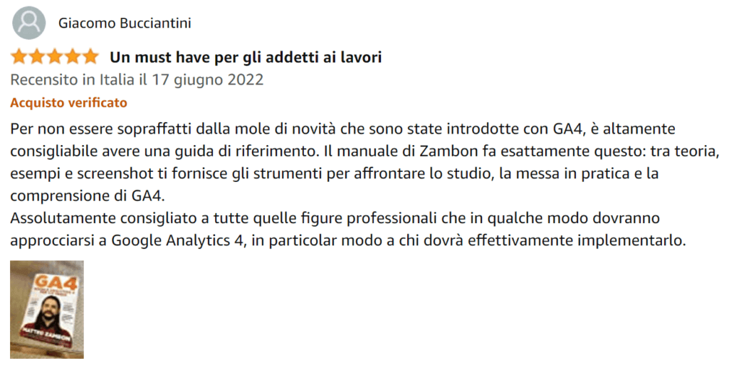 Giacomo-recensione-libro-Google-Analytics-4-per-chi-inizia-Amazon-Matteo-Zambon-e-Tag-Manager-Italia