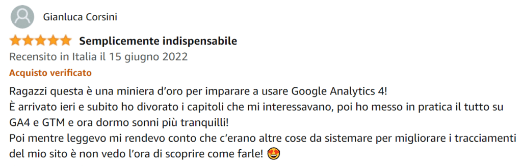 Gianluca-recensione-libro-Google-Analytics-4-per-chi-inizia-Amazon-Matteo-Zambon-e-Tag-Manager-Italia