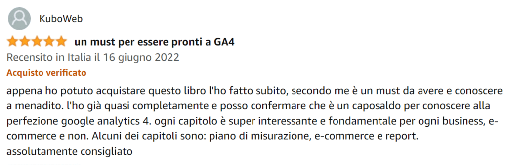 Kuboweb-recensione-libro-Google-Analytics-4-per-chi-inizia-Amazon-Matteo-Zambon-e-Tag-Manager-Italia