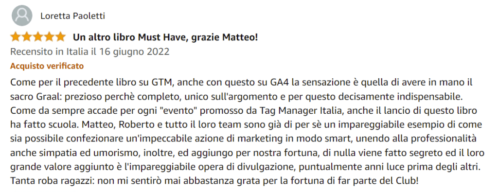 Loretta-recensione-libro-Google-Analytics-4-per-chi-inizia-Amazon-Matteo-Zambon-Tag-Manager-Italia