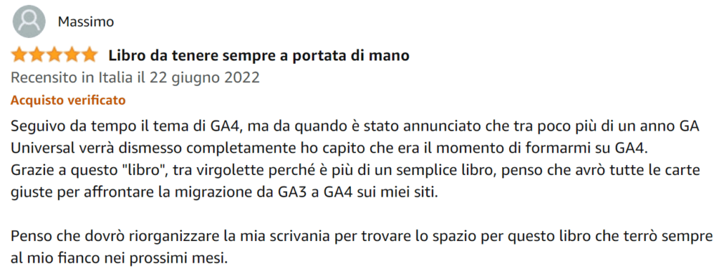 Massimo-recensione-libro-Google-Analytics-4-per-chi-inizia-Amazon-Matteo-Zambon-e-Tag-Manager-Italia