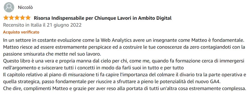 Niccolo-recensione-libro-Google-Analytics-4-per-chi-inizia-Amazon-Matteo-Zambon-e-Tag-Manager-Italia