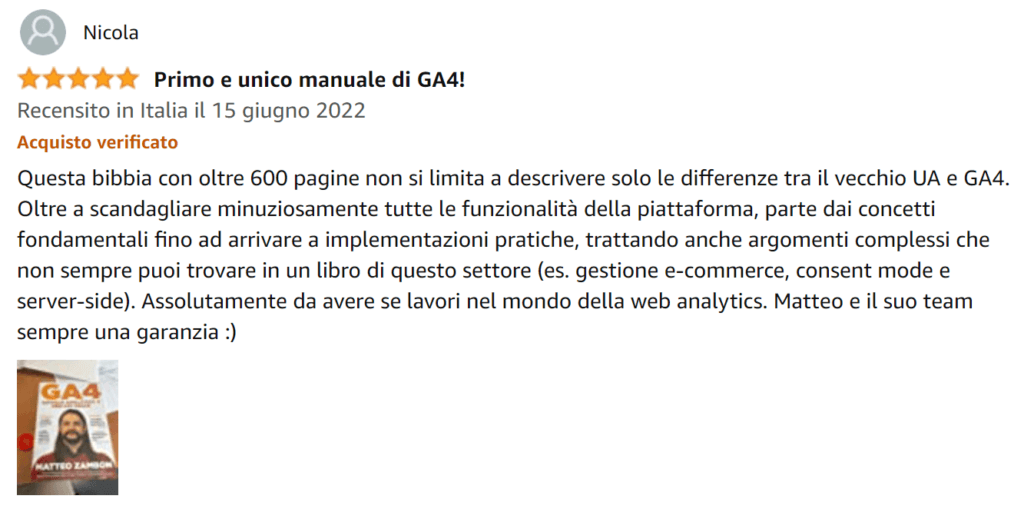 Nicola-recensione-libro-Google-Analytics-4-per-chi-inizia-Amazon-Matteo-Zambon-e-Tag-Manager-Italia