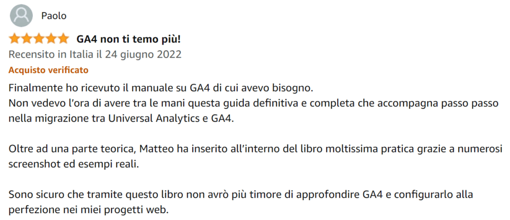 Paolo-recensione-libro-Google-Analytics-4-per-chi-inizia-Amazon-Matteo-Zambon-e-Tag-Manager-Italia