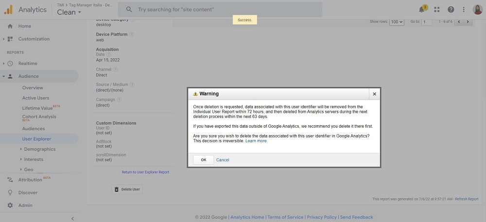 procedura rimozione client-ID Google Universal Analytics conferma cancellazione utente