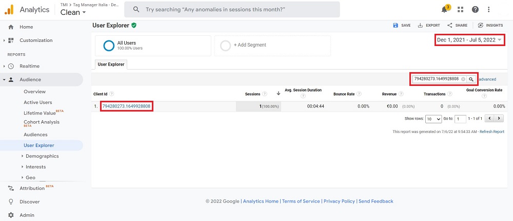 procedura rimozione client-ID Google Universal Analytics filtro client-ID