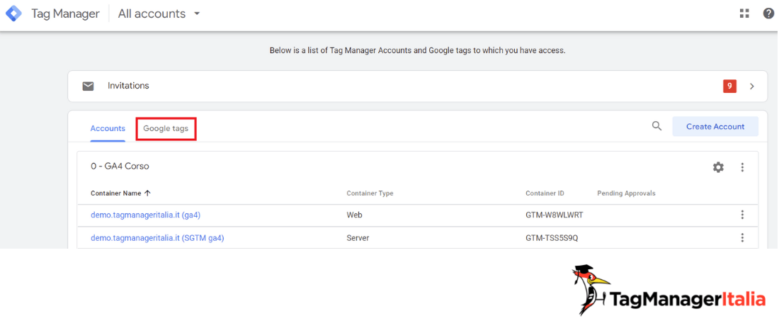 Schermata di accesso a Google Tag Manager e tab del Google tag