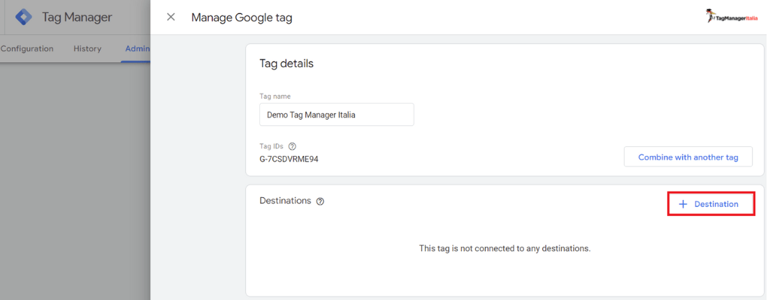 Step impostazione destinazione Google tag in Google Tag Manager