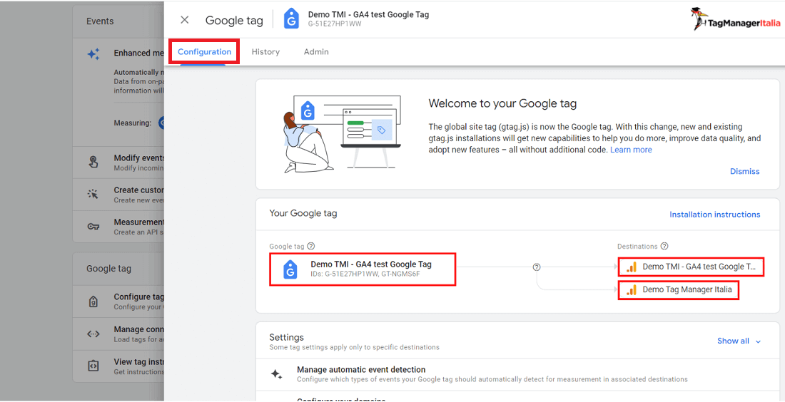 Sezione Configuration per verificare il collegamento tra due data stream di GA4 con un Google tag