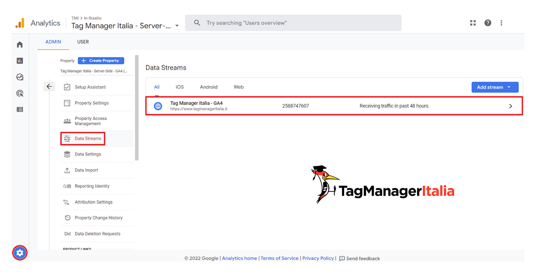 Step per accedere al data stream in GA4 per impostare il Google tag 