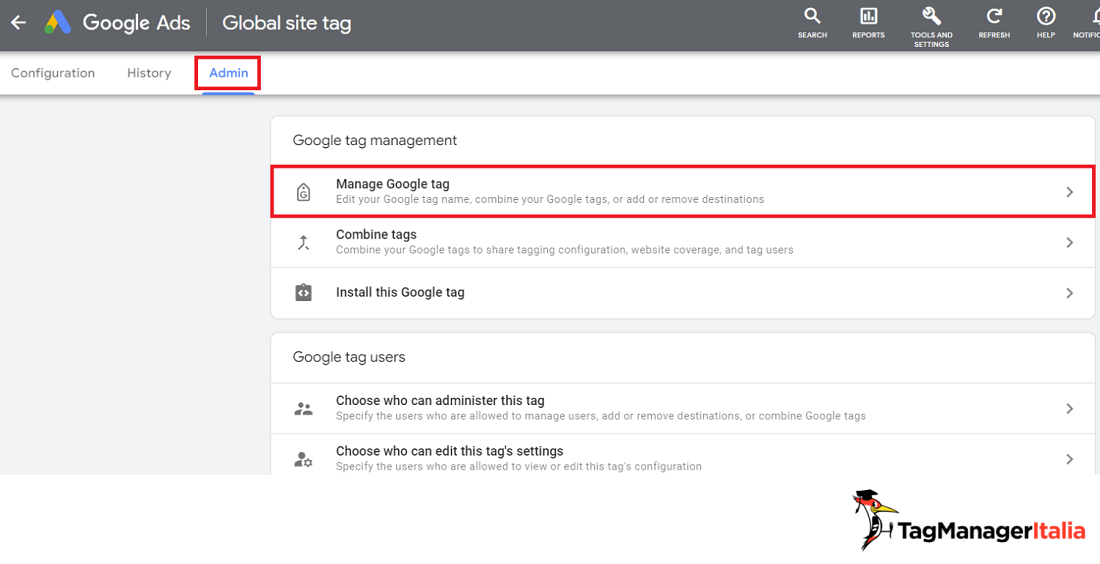 Step per entrare nella sezione gestione del Google tag in Google Ads