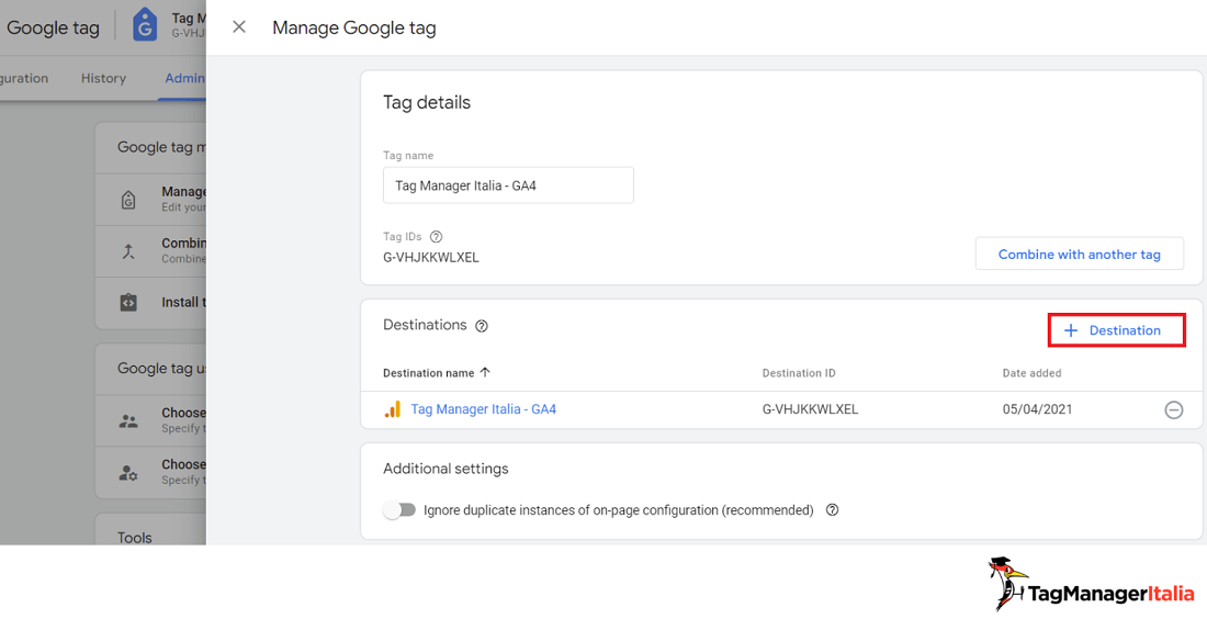 Step per impostare le destinazioni del Google tag in Google Analytics 4