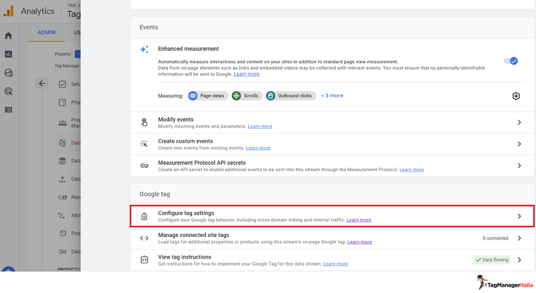 Step per entrare nella sezione configurazione tag del Google tag in GA4
