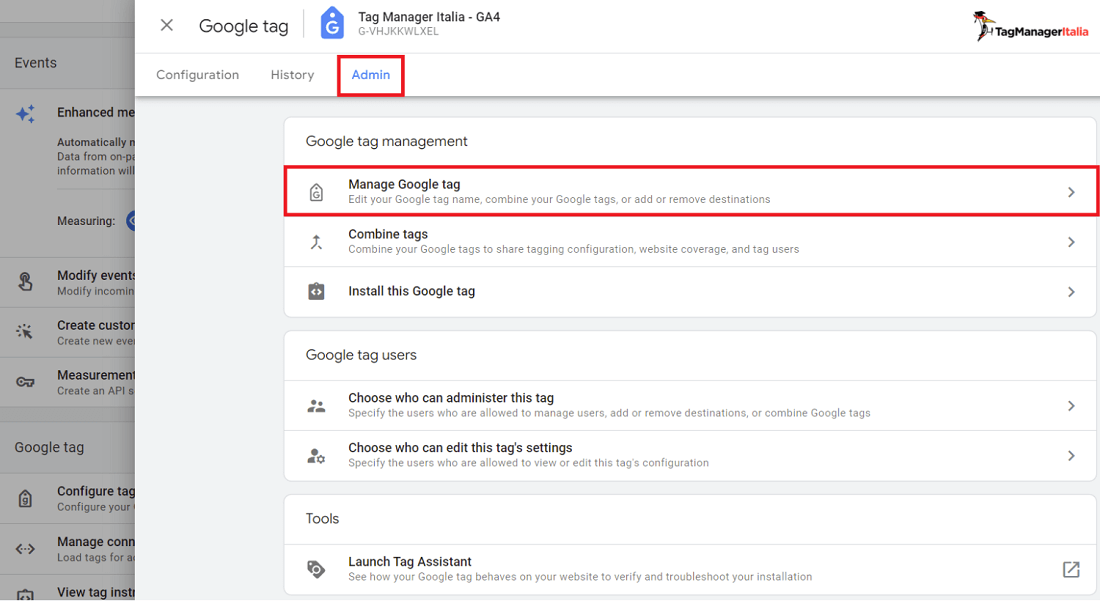 Step per entrare nella sezione gestione Google tag in GA4