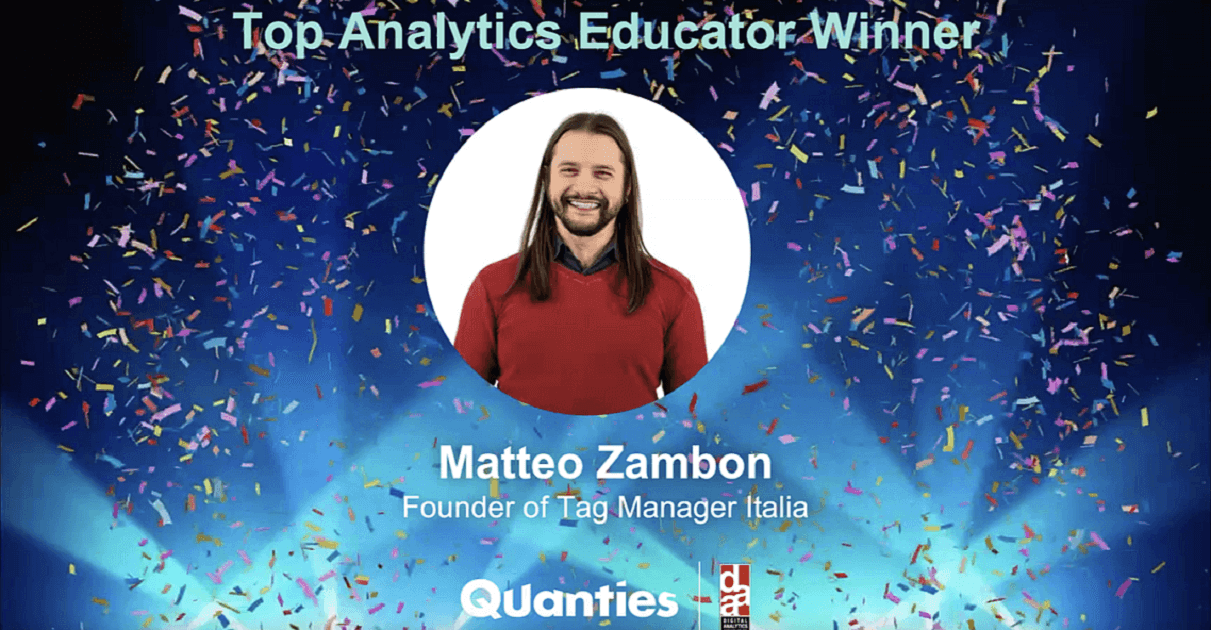Grafica premiazione Quanties Awards categoria Top Analytics Educator Matteo Zambon fondatore di Tag Manager Italia