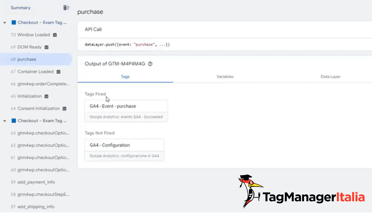 Debug di Google Tag Manager evento tracciamento acquisti ecommerce