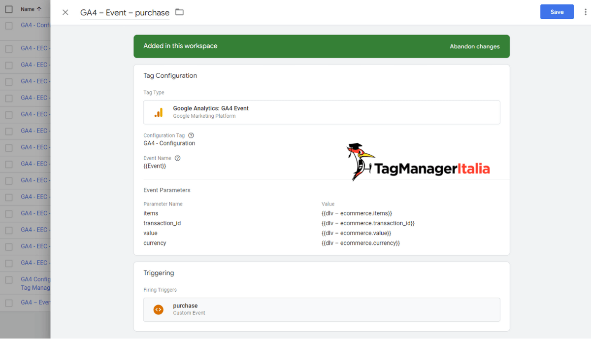 Implementazione Tag evento tracciamento acquisti ecommerce in GA4