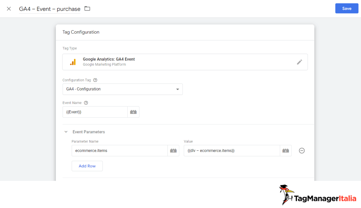 Implementazione parametri e valori Tag evento tracciamento acquisti ecommerce in GA4