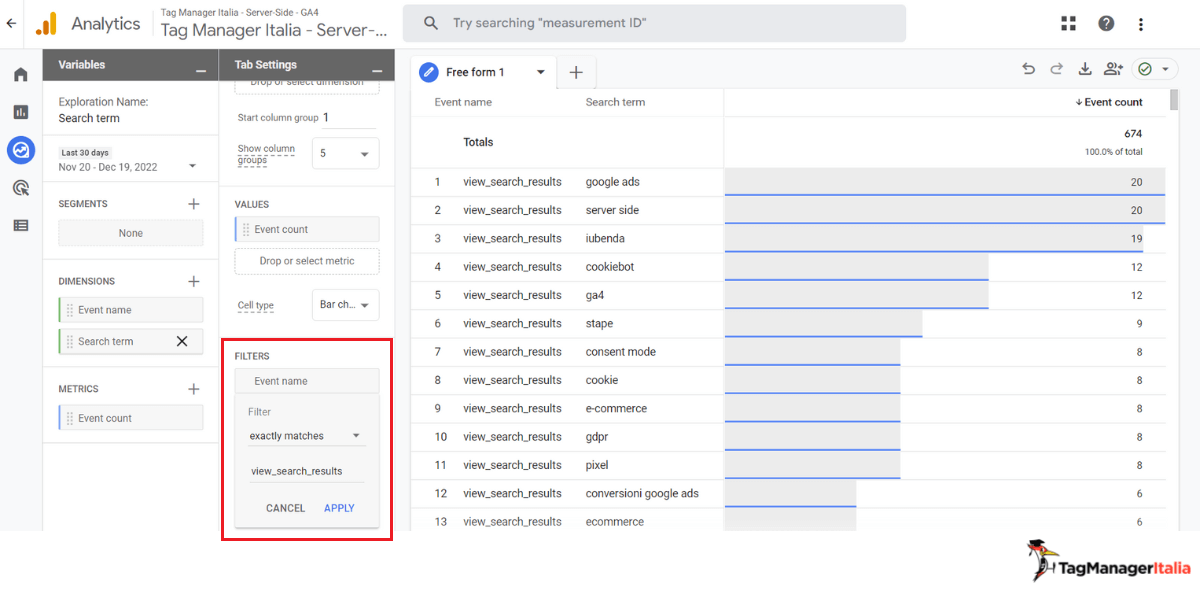 Impostazione filtro evento report personalizzato analisi ricerche interne di un ecommerce in GA4