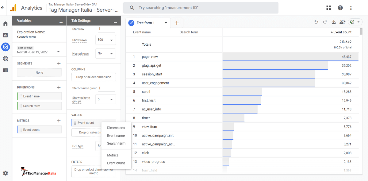 Selezione filtro evento report personalizzato analisi ricerche interne di un ecommerce in GA4