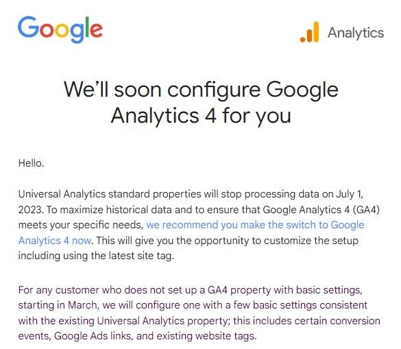Comunicazione Google configurazione automatica proprietà GA4